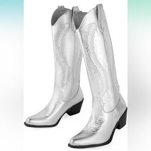 Knee High Metallic Silver Western Cowboy Boots Eras Tour